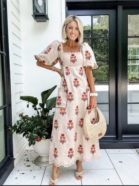 New Farm Rio Anthropologie Macaw Embroidered Maxi Dress Pockets L